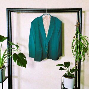 Vintage David Taylor Blazer Jacket Mens 52L Green Solid Polyester Gold Buttons